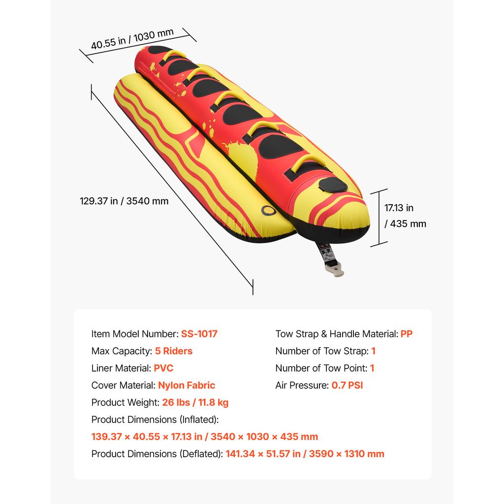 SucceBuy Towable Tubes 850 lbs for 5 Riders Inflatable for Boat to Pull with Full Nylon Cover Padded Grip Handles Safety Valve