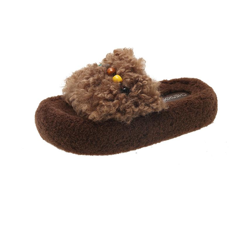 Thick-bottomed outer wear high-end fluffy slippers for women's 2025 autumn and winter new versatile fashion beaded cotton slippers