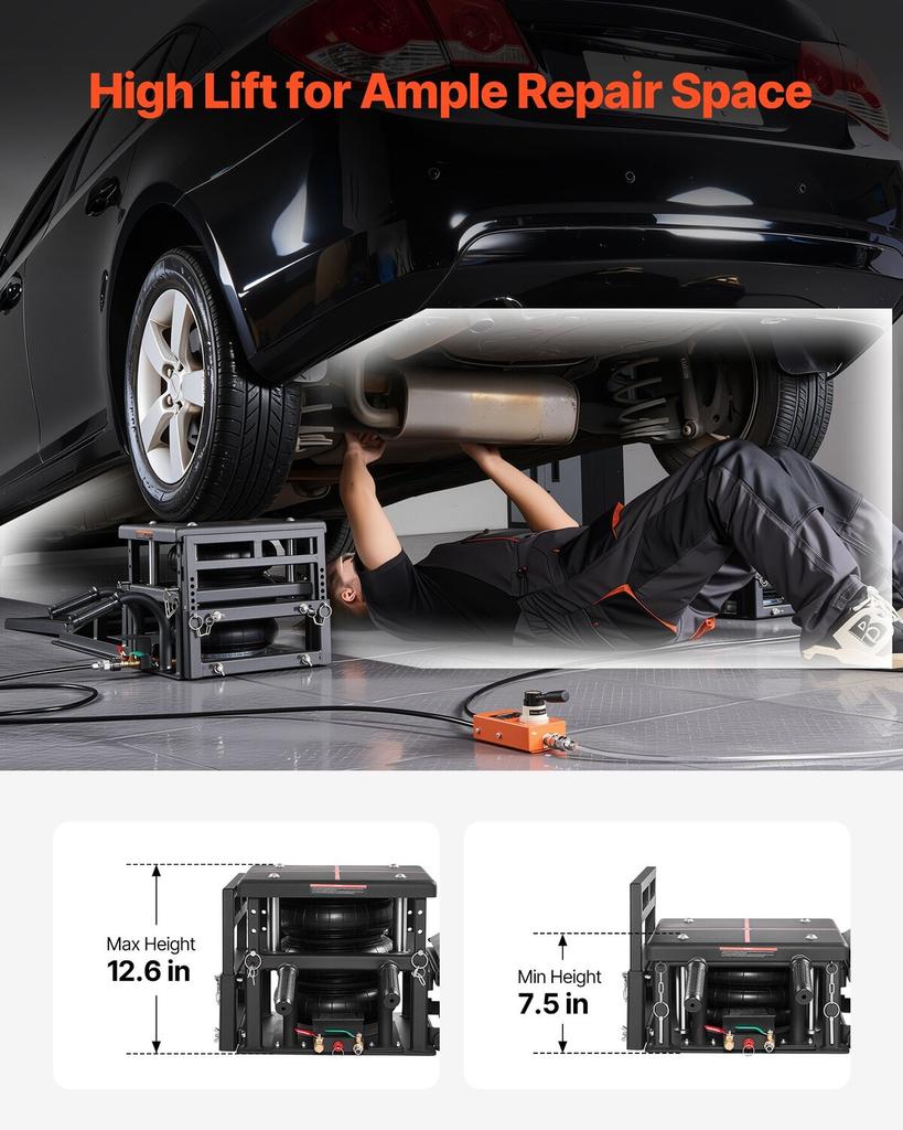 Air Portable Car Lifts 2PCS, 5 Ton Capacity, 320 Mm Max Height, Pneumatic Ramp Jacks with Airbags, Wheel Chocks, Extension Ramps, Heightened Columns,