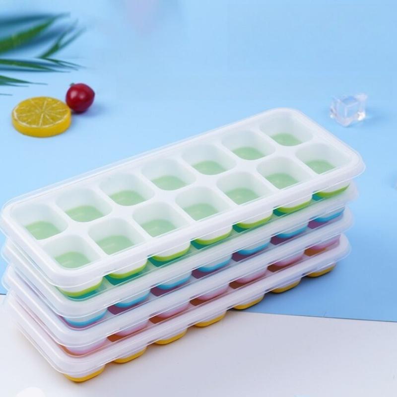 Silicone Ice Cube Tray 14 Cube Stackable With Lid Flexible Easy Release Spill Proof for Cocktails Freezer BPA Free
