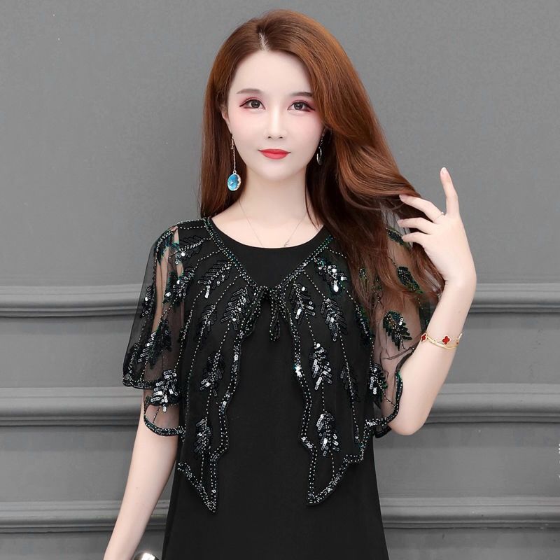 Tassel Patchwork V-Neck Cardigans Women Vintage Shawl Party Dinner Top Scarf Shawls Mesh Beaded Cloak Sequins Capelet Fringes