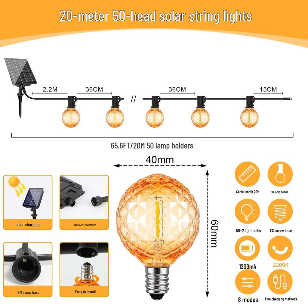 G40 Solar LED String Lights: Outdoor Copper Wire, Drop-Proof, Perfect for Atmosphere Decoration