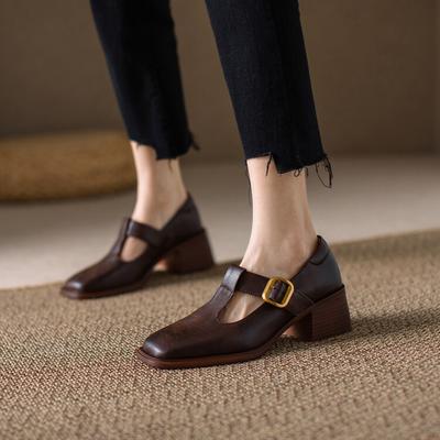 Fashion NEW Spring Women Pumps Genuine Leather Shoes for Women Square Toe Chunky Heel Shoes Retro Mid-heel Mary Janes Retro Brown Shoes