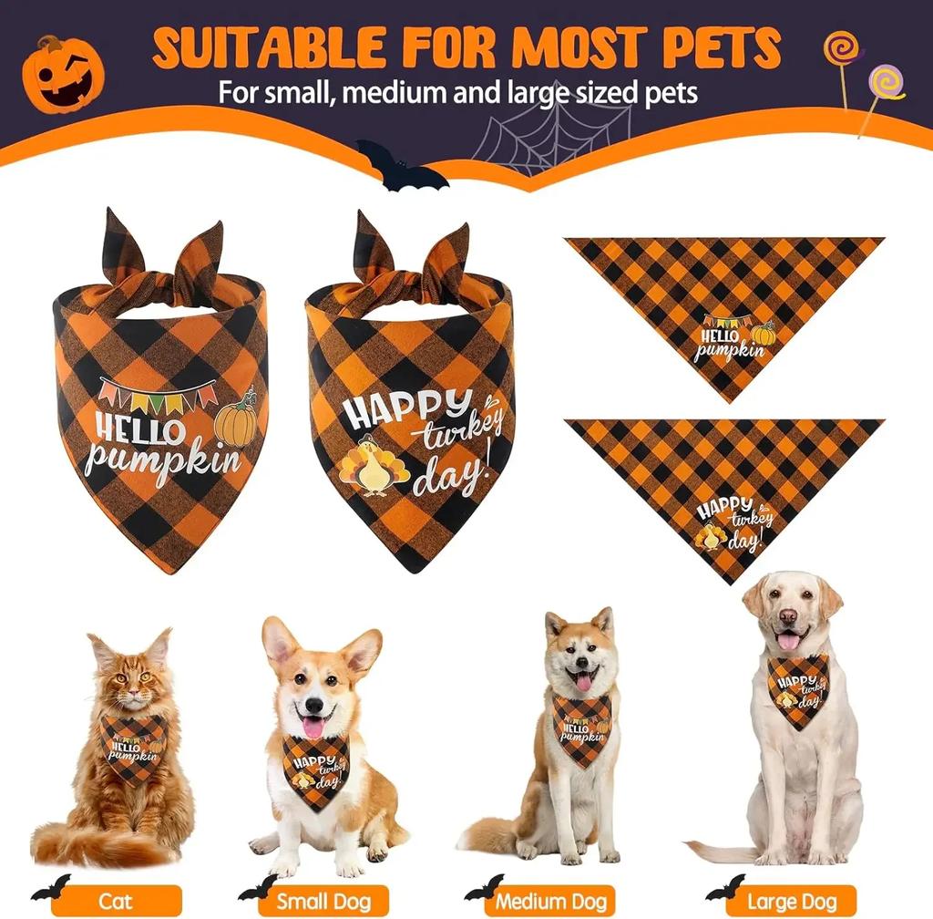 Pet Bandanas Halloween Reversible Dog Bandana Adjustable Classic Plaid Style Thanksgiving Dog Bandana Pet Accessories