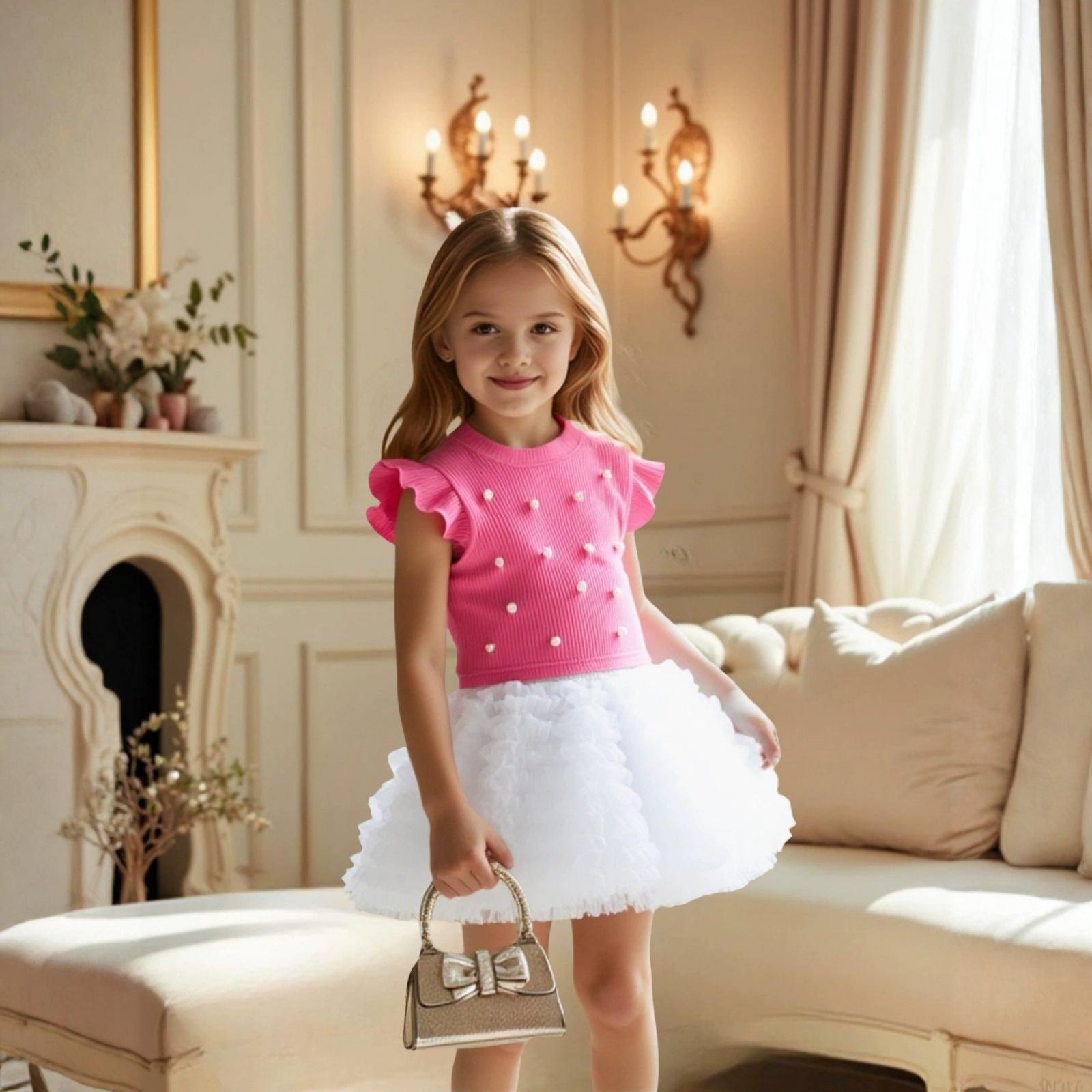 

Платье-футболка принцессы с рукавами из бусин для девочек - Пышная универсальная юбка 130 розовый