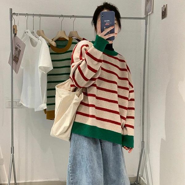 Japanese Style Striped Sweaters Women Autumn and Winte Large Size Loose All-match Knitting Pullovers