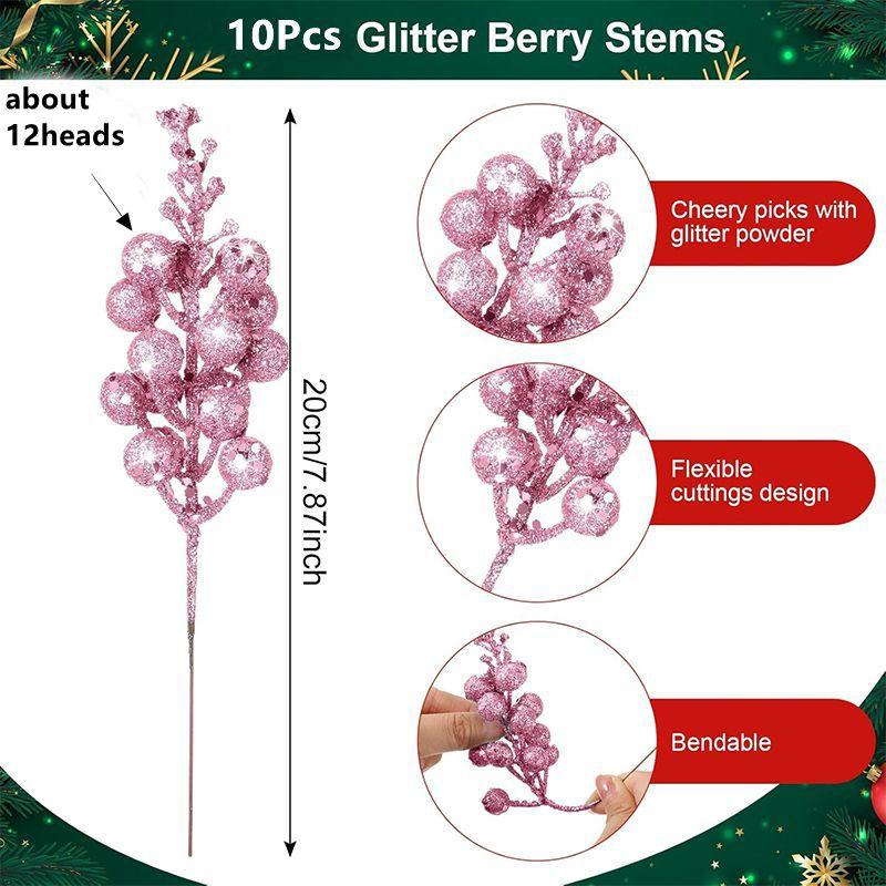 5/10Pcs Christmas Decor Artificial Glitter Berry Artificial Flower Bouquet Christmas Tree Decor Home New Year 2026 Navidad Decor