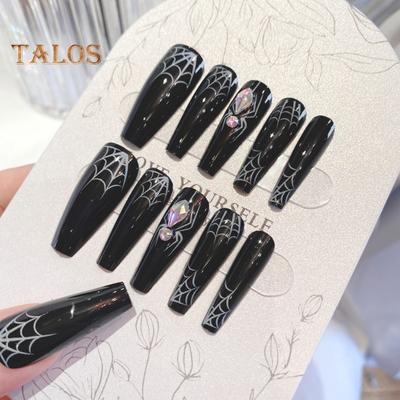 1 juego de uñas postizas con diseño de telaraña de Halloween con pegamento, extensión de uñas largas góticas negras, cobertura completa, kit de uñas acrílicas para mujeres y niñas para salón de casa