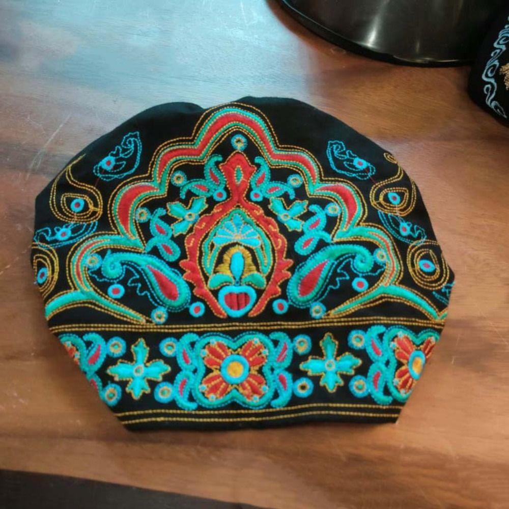 Solid Color Ethnic Style Skullies Hat Embroidery Canvas Cold Cap Ins Flower Beanies Cap  Streetwear