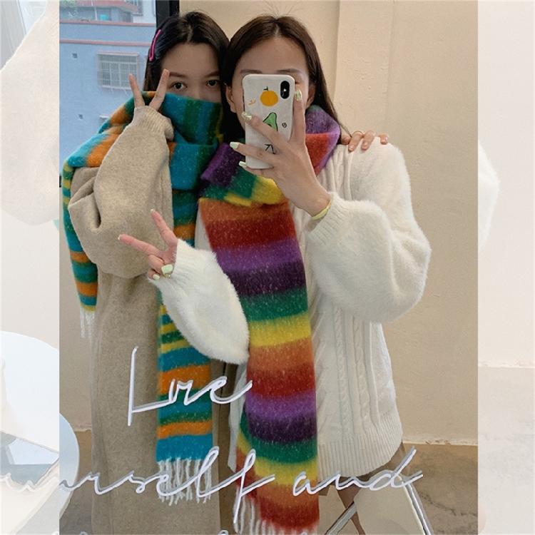 Adult Women Warm Scarf Thicken Rainbow Long Scarf Soft CashmereFeel Shawl Scarf