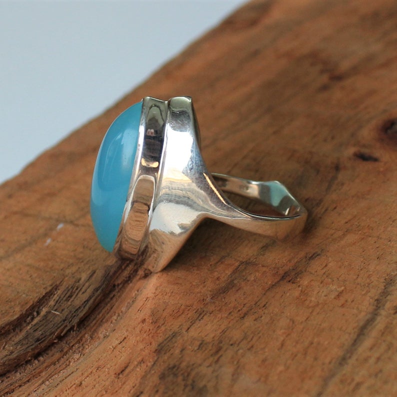 Bague Calcédoine Bleue, Bague en Argent Sterling 925, Bague Pierre Précieuse Faite Main, Bague Pierre de Naissance de Mars, Bague Empilable, Bague Quotidienne, Cadeau Pour Elle,