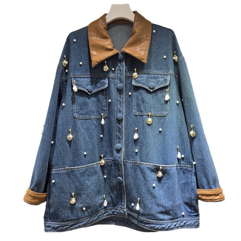 2025 Autumn/Winter Women's Beaded Denim Jacket: Mid-Length, Loose, Versatile, and Trendy.