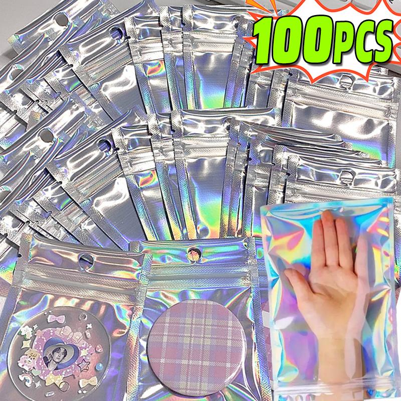 10/100PCS Laser Sealing Bags Plastic Holographic Candy Food Pouch Resealable Necklace Jewelry Gift Packaging Kitchen Storage Bag