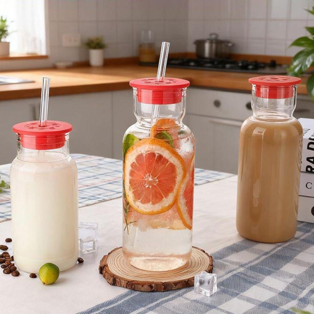 Heat Resistant Glass Water Bottle with Straw Silicone Lid Drink Cup Food Grade Juice Bottle Bar