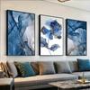 3pcs Frameless Nordic Abstract Blue Marble and Flowers Canvas Painting Wall Decorative Pictures for Living Room Poster and Print