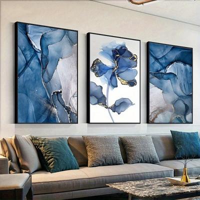 3pcs Frameless Nordic Abstract Blue Marble and Flowers Canvas Painting Wall Decorative Pictures for Living Room Poster and Print