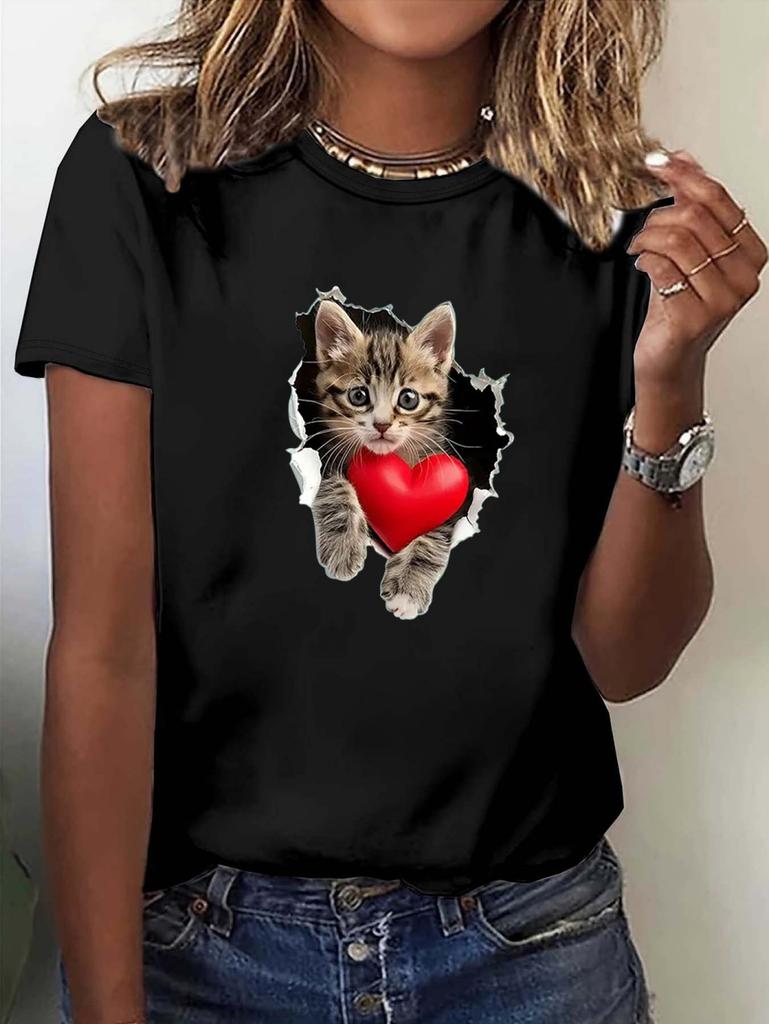 Funny Women's Cat Graphics T-Shirt Cute 3D Print Tees Fashion Tops Short Sleeves O-Neck T-Shirts Street Summer Woman Clothing