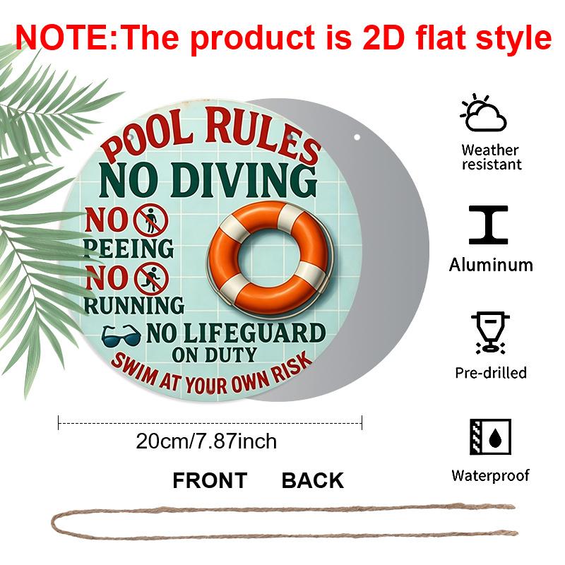 2D Flach, 1 Stück Rundes Aluminium-Hängeschild, Lustiger „Poolregeln Kein Rettungsschwimmer im Dienst“-Aufdruck, Langlebige Outdoor-Wanddekoration, Perfekt für Poolbereich, Hinterhof
