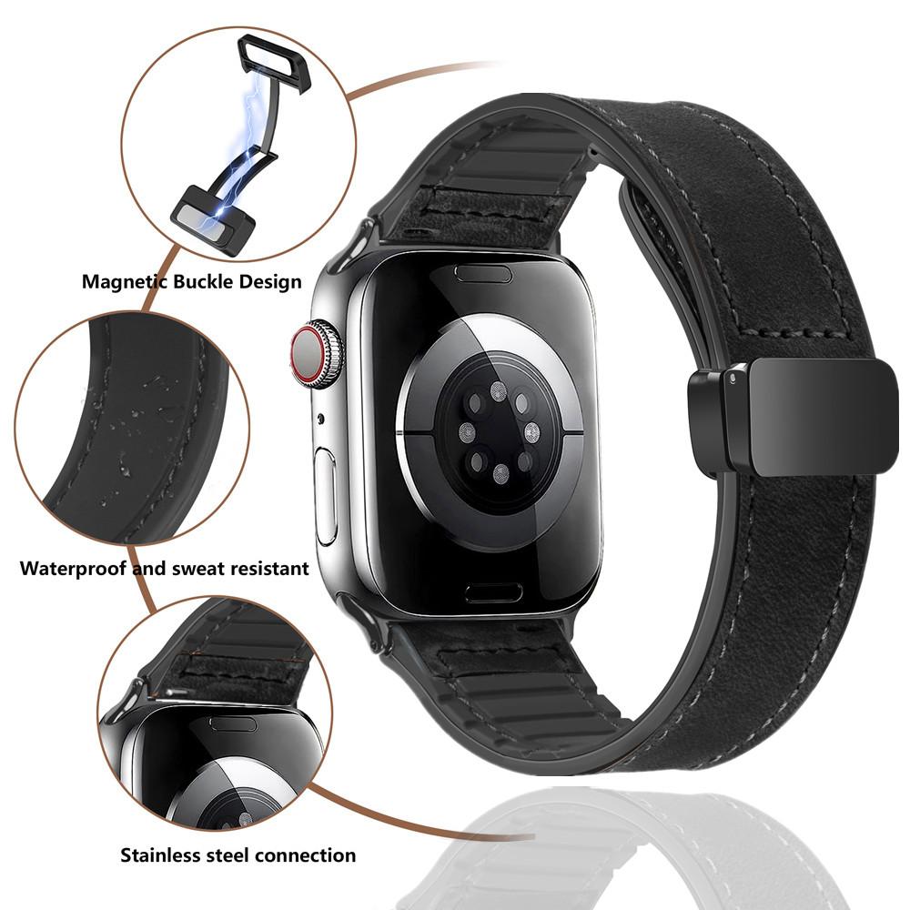 Leather+Silicone Strap for Apple Watch Band Ultra 49mm 44mm 45mm 41mm 46mm 40mm 42mm Magnetic Bracelet Iwatch Series 10 9 8 7 6