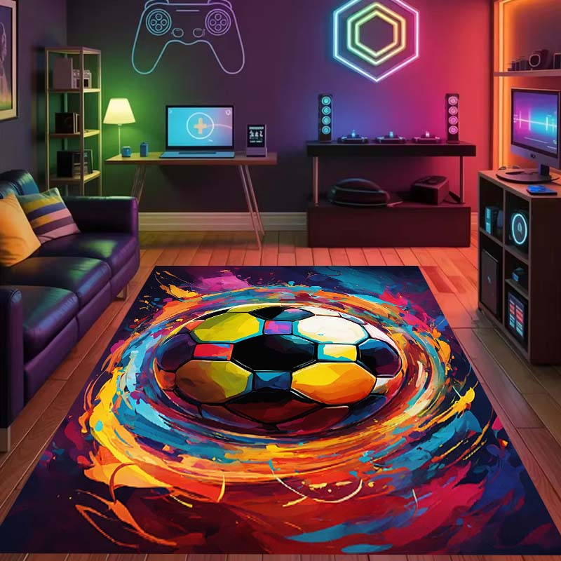 Flame-lit 3D Soccer Ball Rug, Gaming Room Mat for Boys' Bedrooms, Cool and Unique Non-slip Mat for Bedside Use.