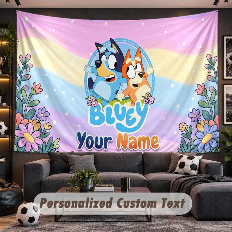 Wall Hanging Tapestry Custom NameBluey Pattern Personalized Printed Fabric Wall Decor
