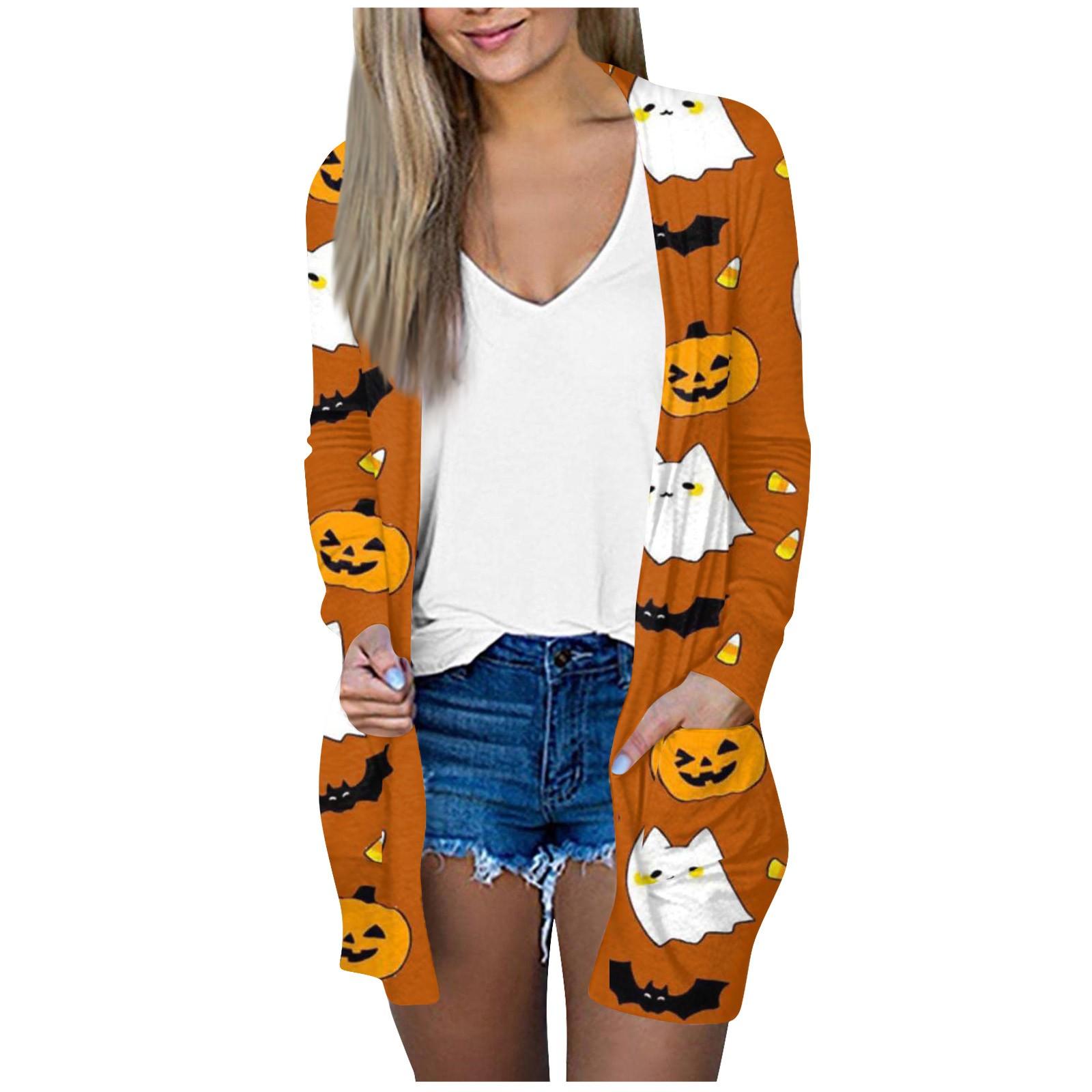 

Женская модная повседневная куртка-кардиган средней длины с длинным рукавом и принтом на Хэллоуин M имбирный