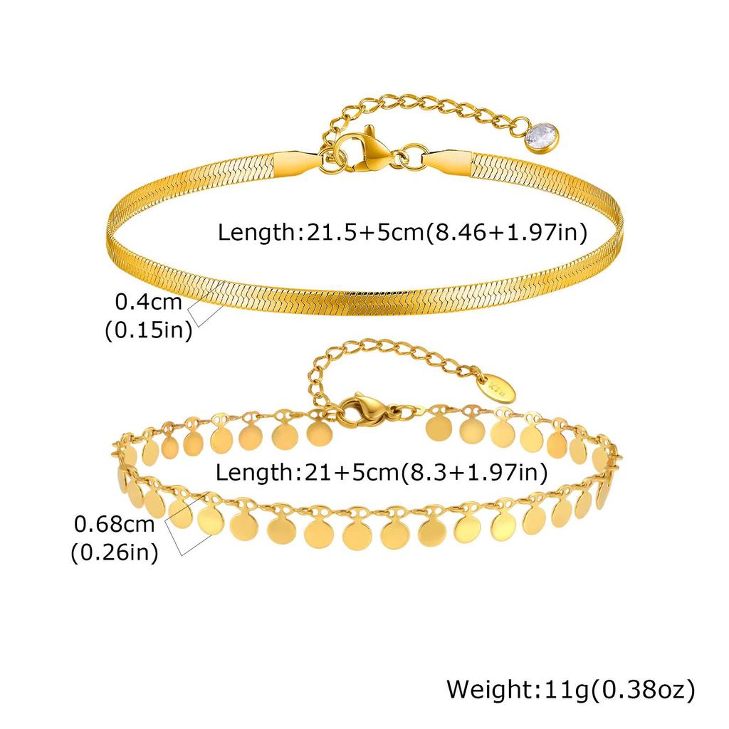 Vnox Stainless Steel Anklet for Women, Gold Color Round Disc Fringe & Flat Snake Chain, Waterproof Adjustable Ankle Bracelet
