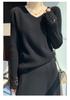 Women's Black V-Neck Pure Wool Base Layer Top - Hollow Out Long Sleeve, Spring/Summer Knitwear, Stylish High-End Feel Sweater.