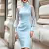 Europäische und amerikanische grenzüberschreitende Frühlings- und Sommer-Eleganz-Temperament High-End-Satin-Netz-Patchwork High-Neck-Taillenbetontes Hüft-Abendkleid d