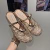 Super breathable~ Rhinestone golden fishing net bag head half slippers women's 2025 summer new thick-bottomed Mary Jane French sandals
