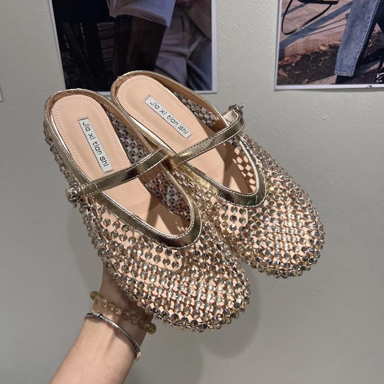 Super breathable~ Rhinestone golden fishing net bag head half slippers women's 2025 summer new thick-bottomed Mary Jane French sandals