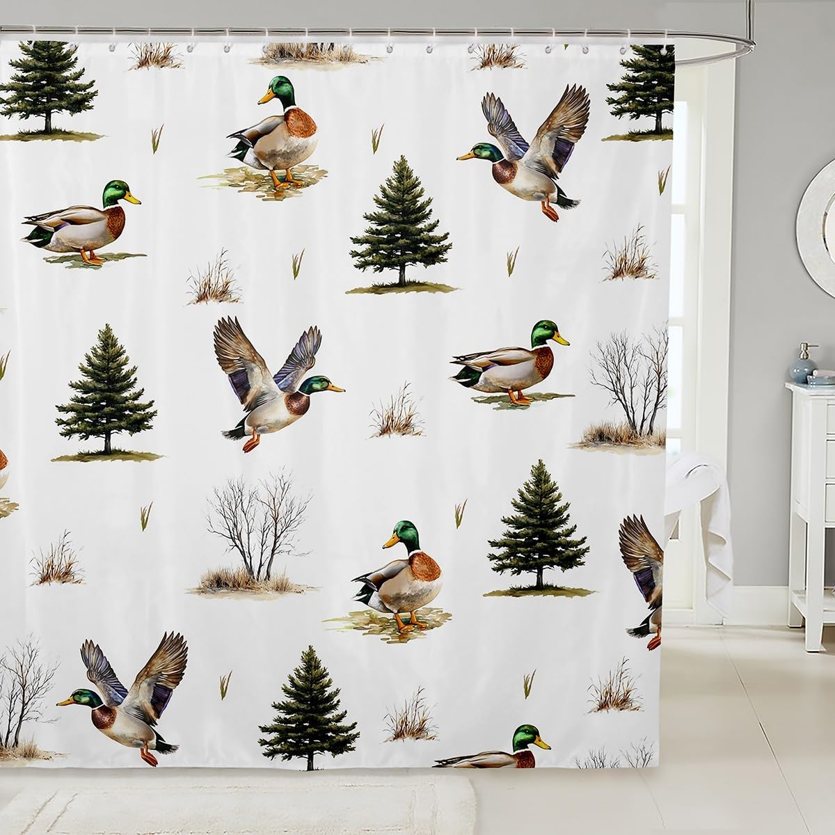 

Erosebridal Mallard Duck Hunting Shower Curtain,Woodland Tree Branches Bathroom Shower Curtain Sets,Flying Duck Wildlife Safari W60H190(CM)-1 Pcs