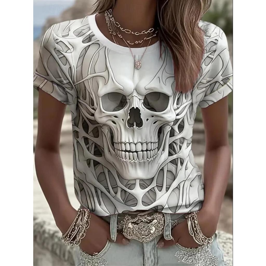T-shirt da Donna con Stampa 3D Teschio Grafico Halloween Vintage, Girocollo Manica Corta, Magliette Harajuku Y2K Top Abbigliamento Femminile