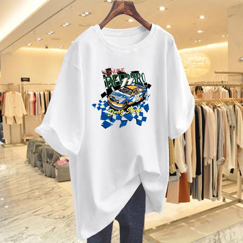 

pure cotton white printed t-shirt women s short-sleeved new loose top design sense niche bottoming shirt S