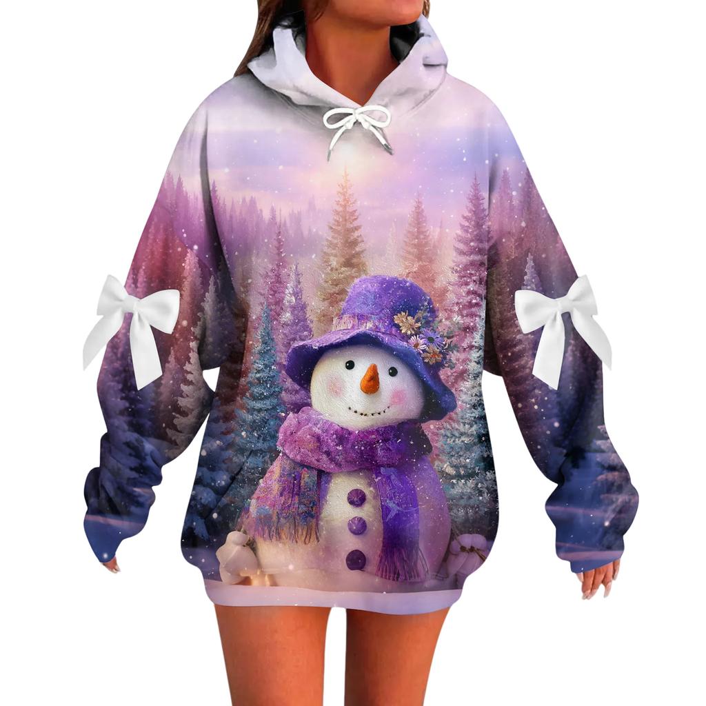 Ladies' Christmas Printed Bow Long Sleeved Loose Fitting Headband With Rope Hooded Sweatshirt Top