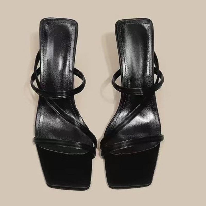 Fashion Temperament Square Head Slip-on Slippers Summer New Open-toed Thin Belt Anti-slip Wear-resistant High-heeled Shoes