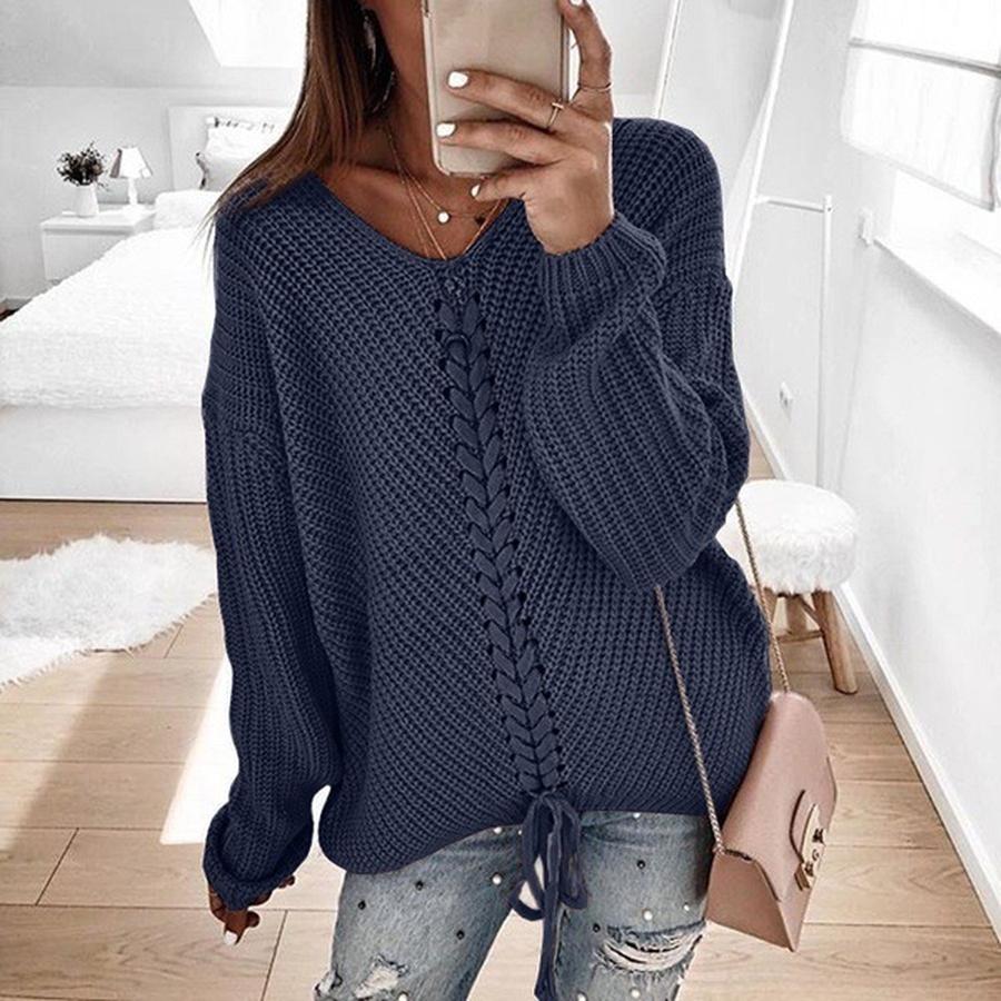 Fall Winter New Women's Long Sleeve Loose V-Neck Drawstring Backless Pullover Knit Sweater Women's Clothing