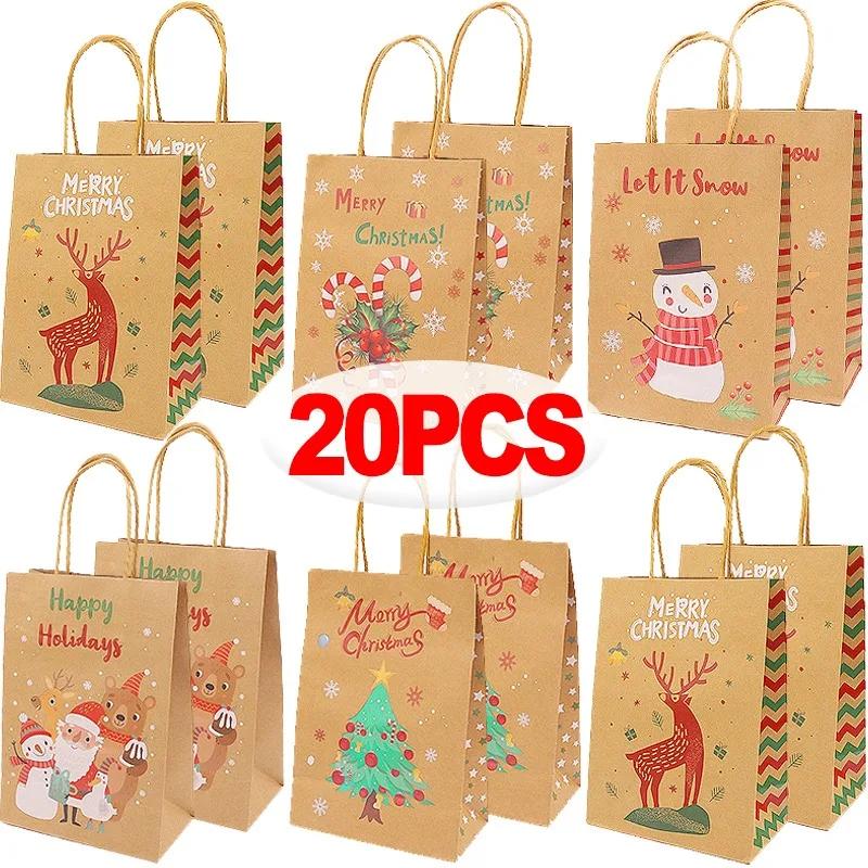 5/20x Christmas Kraft Gift Bags with Handles Snowman Santa Tree Designs Geometric Pattern Paper Tote Bags Party Xmas Decoration