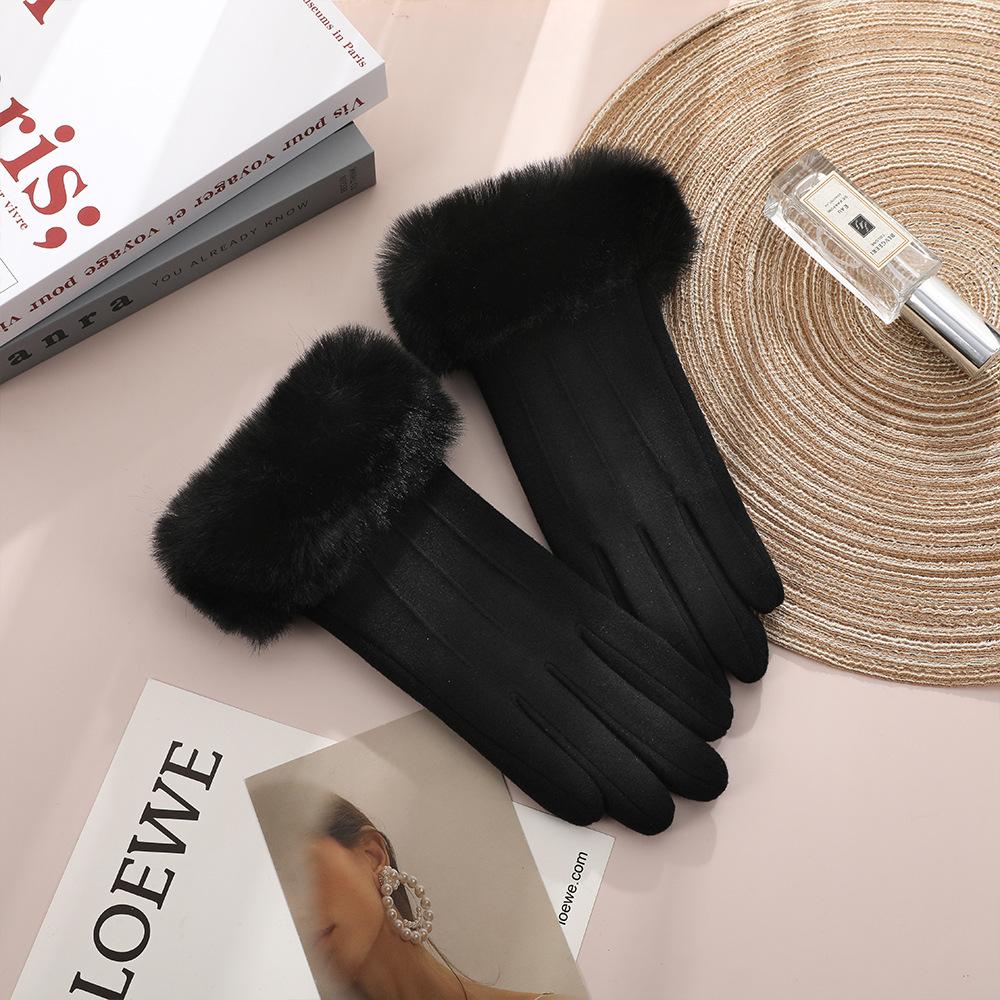 Warm Gloves for Women In Autumn and Winter Outdoor Riding Cold Proof Thickened Plush Velvet Cute Bow Develvet Touch Screen Gloves