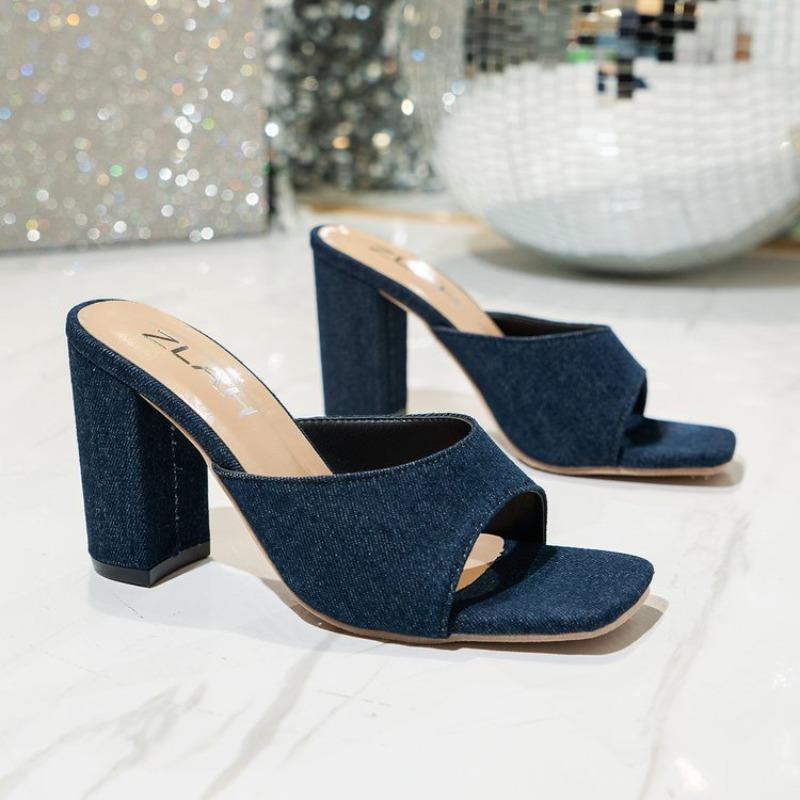 

Женские шлепанцы на высоком каблуке с квадратным носком, новая весенняя женская обувь больших размеров, женские сандалии на треугольном толстом каблуке 43 тёмно-синий