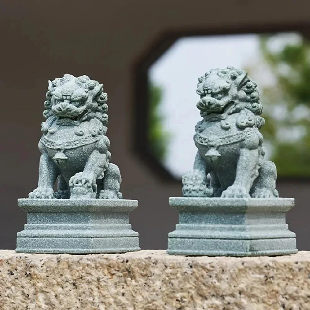 Lucky Wealth China Stone Lion Carving a Pair of Feng Shui Home Bar Desktop Mascot China Feng Shui Kirin Jewelry Decoration