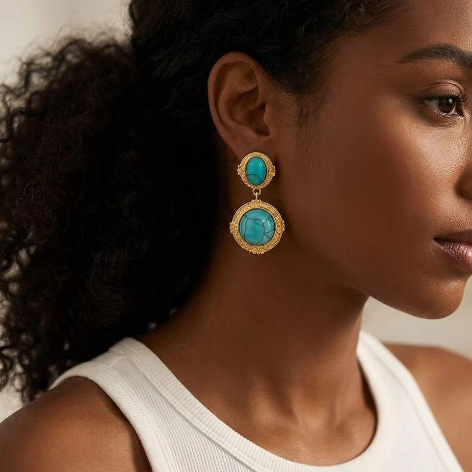 Vintage Turquoise Drop Earrings for Women Bohemian Gold Color Round Stone Dangle Earrings Ethnic Statement Jewelry Party Gift