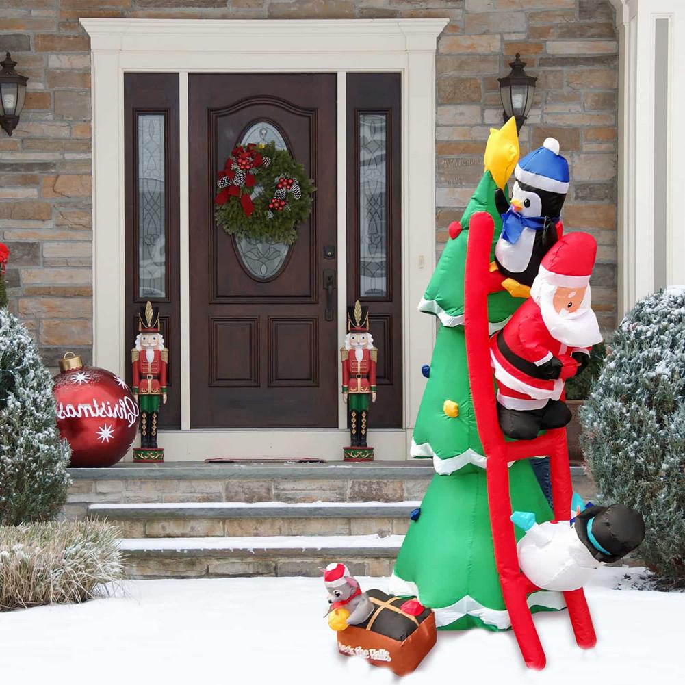 6FT Height Iatables Green Tree Christmas Tree Blow Up Outdoor Sitting With Santa Claus Snowman Sledding Together LED Iata
