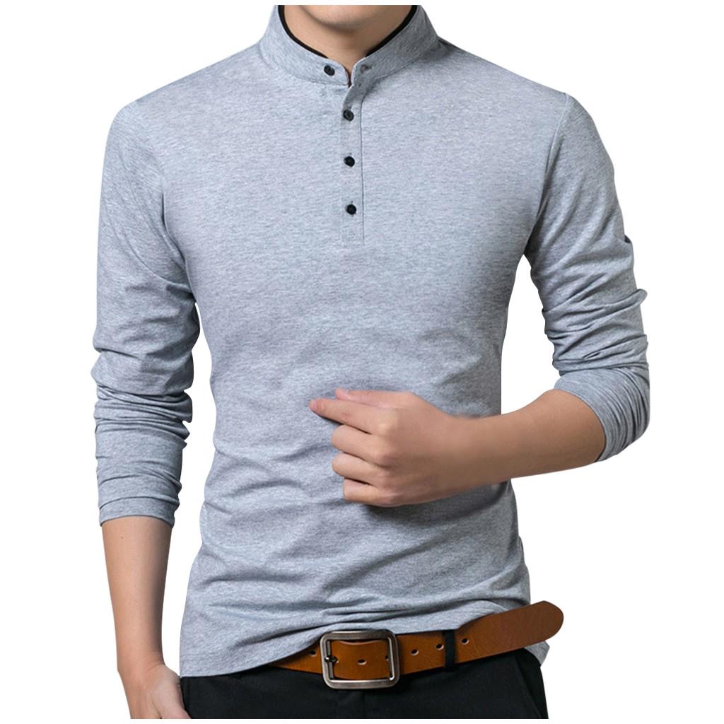 Men's New Fashion Standing Collar Men's Long Sleeve T-shirt  Blouse Top