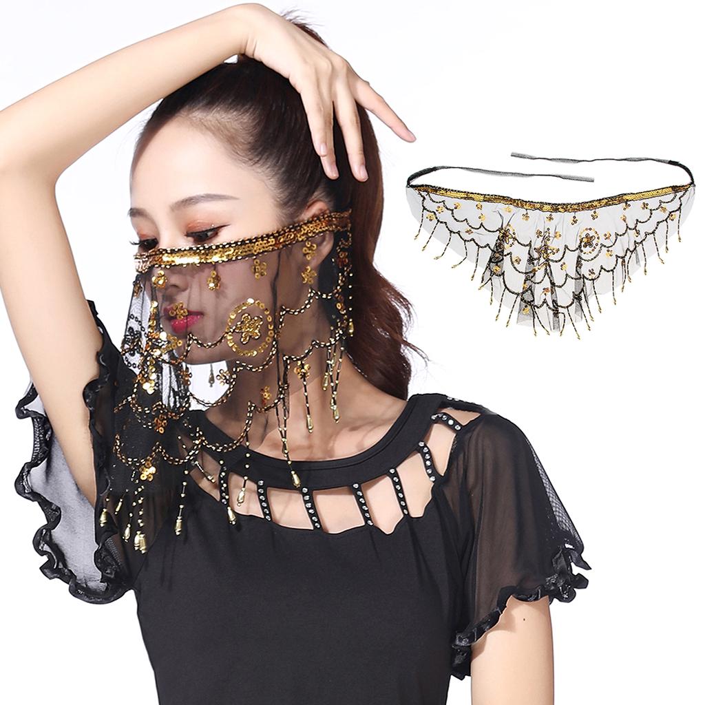 Buy Lady Belly Dance Beaded Sequins Face Veil Halloween Costume Accessory Red at affordable