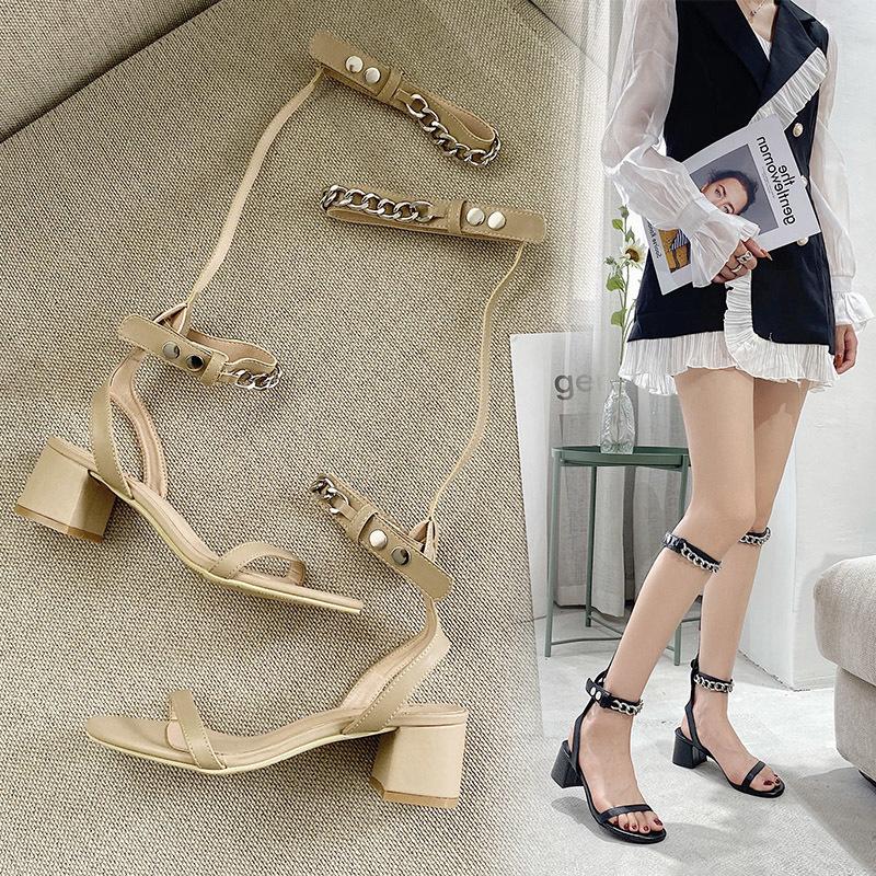 Sandals Women Metal Chain Two Wear Over Toe Strap Thailand Vacation Beach Roman Low Heel Sandals 35 чёрный 2779₽