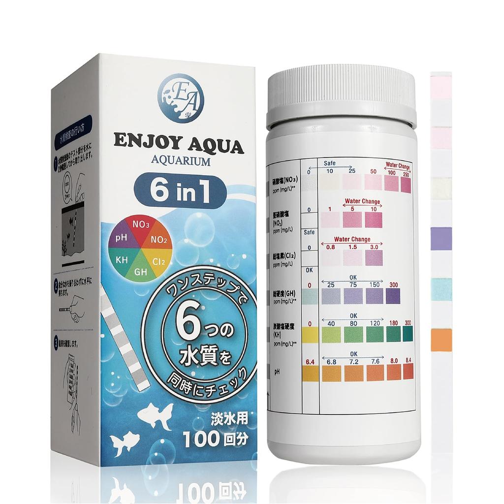 ENJOY AQUA Aquarium Water Quality Test Strips with Japanese Total pH 100 for Freshwater 6-in-1 Instructions, Hardness, Nitrate, Nitrite, Chlorine,