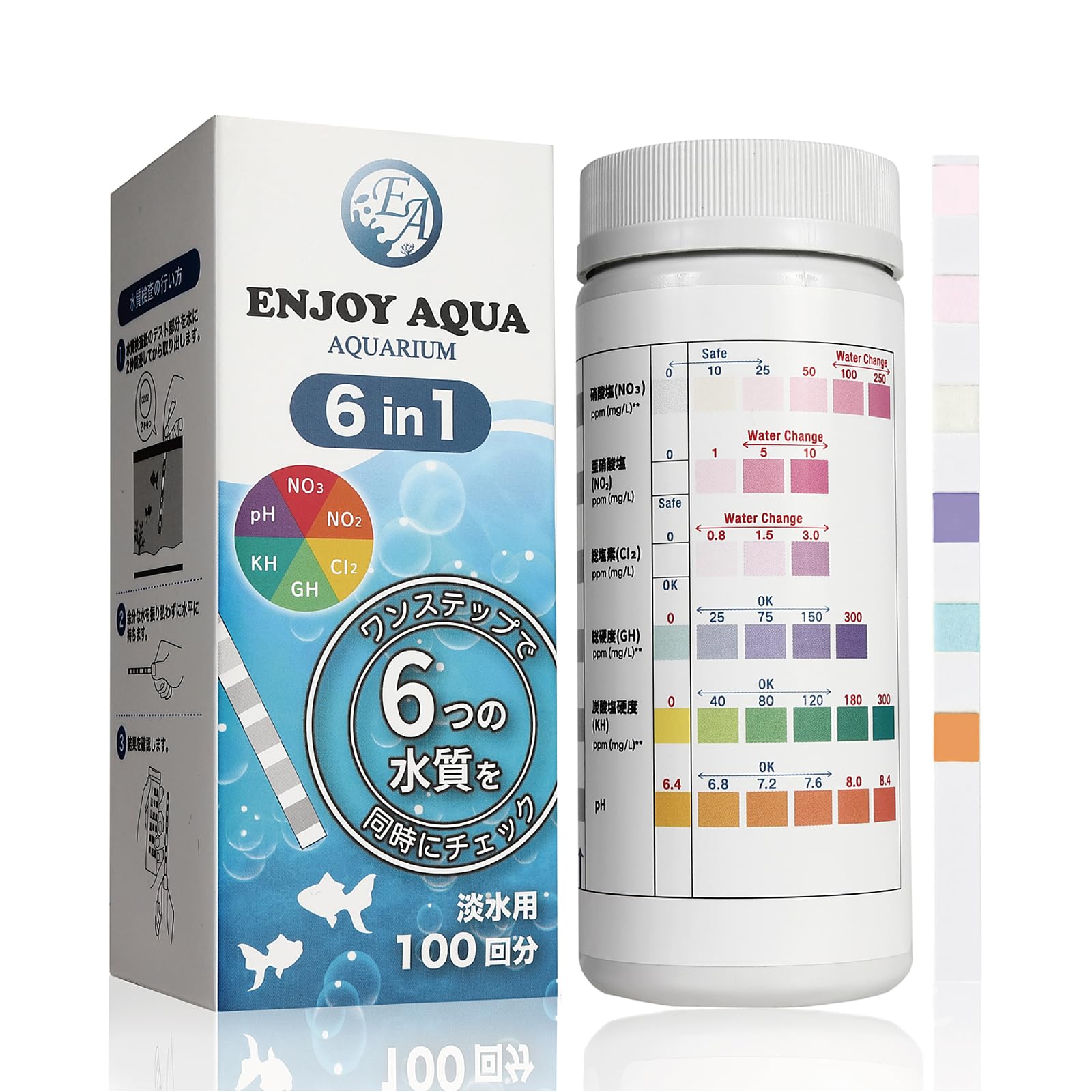 

ENJOY AQUA Aquarium Water Quality Test Strips with Japanese Total pH 100 for Freshwater 6-in-1 Instructions, Hardness, Nitrate, Nitrite, Chlorine,