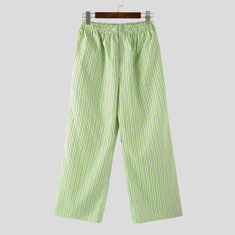INCERUN Men Elastic Waist Pants Casual Home Wear Striped Print Long Trousers