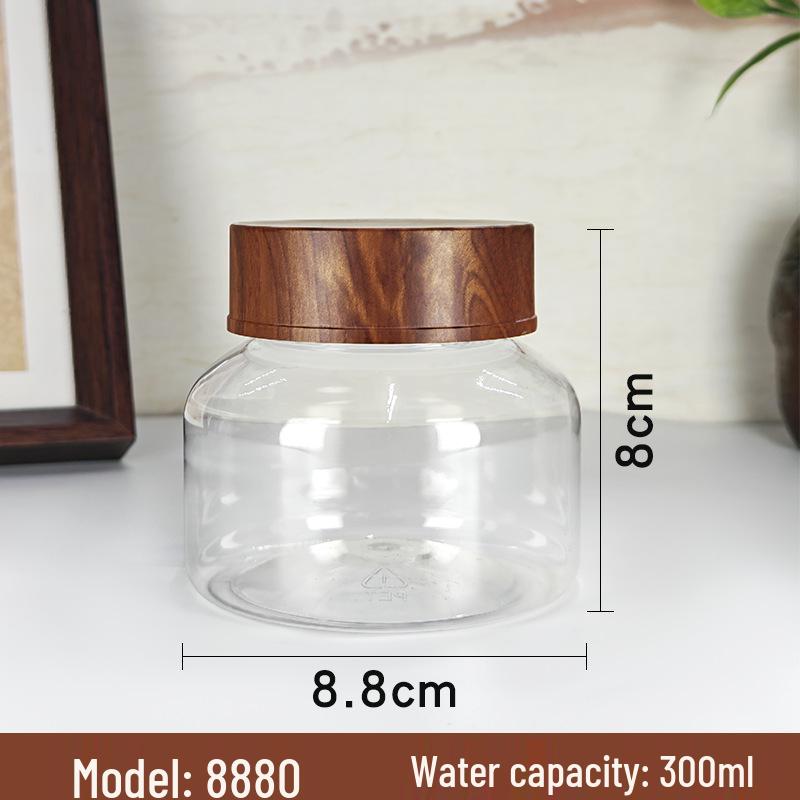 PET Plastic Storage Jar with Imitation Wood Grain Lid, High Transparency, Food Grade for Medicine, Herbs, Tea, Flowers, Grains, and Nuts.